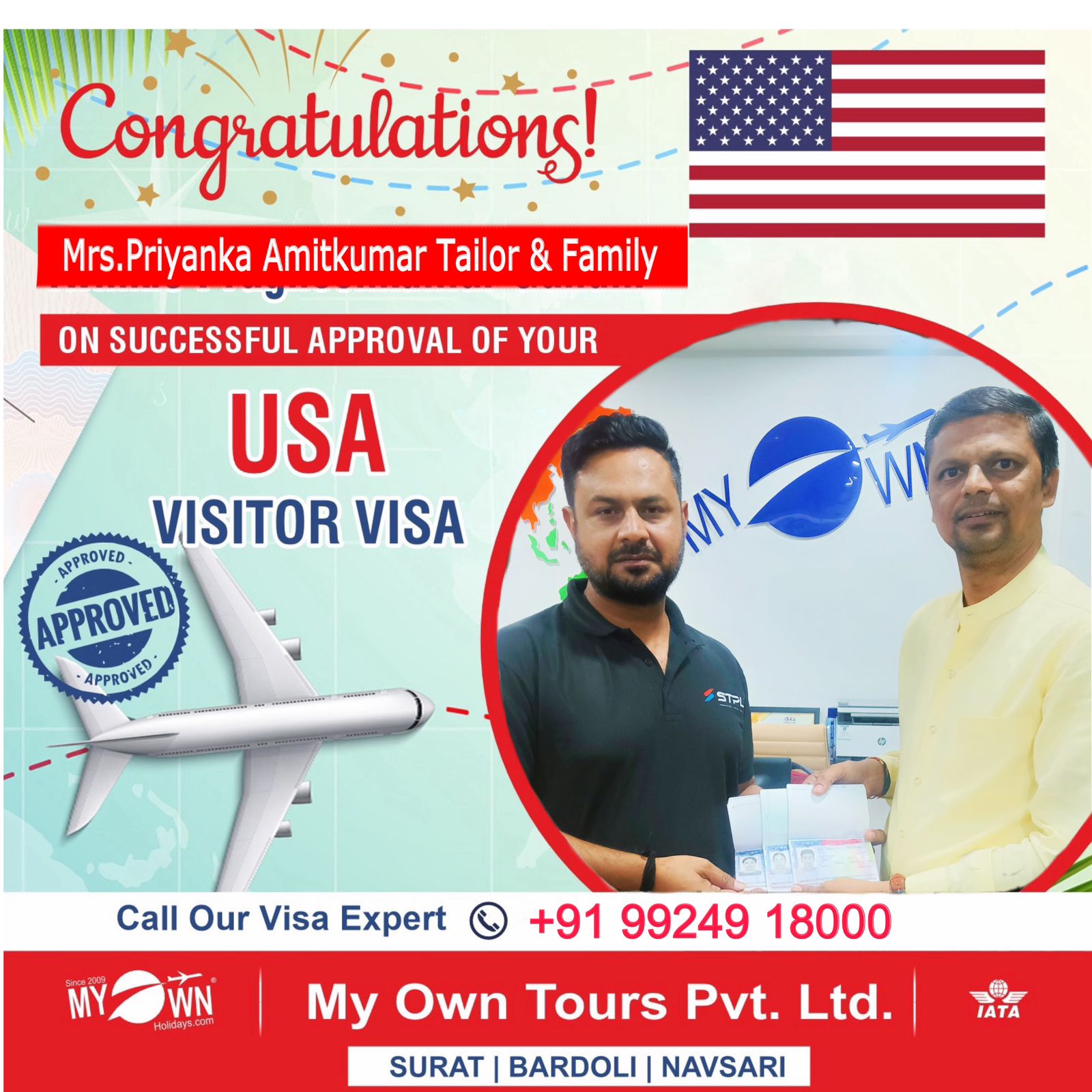 USA Visitor Visa - Mrs. Priyanka Amitkumar Tailor - USA Visa Consultant in Surat