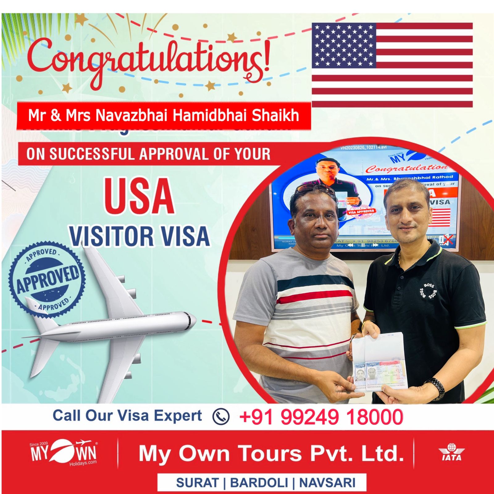 Mr. & Mrs. Navazbhai Hamidbhai Shaikh - USA Visitor Visa Consultant My Own Holidays