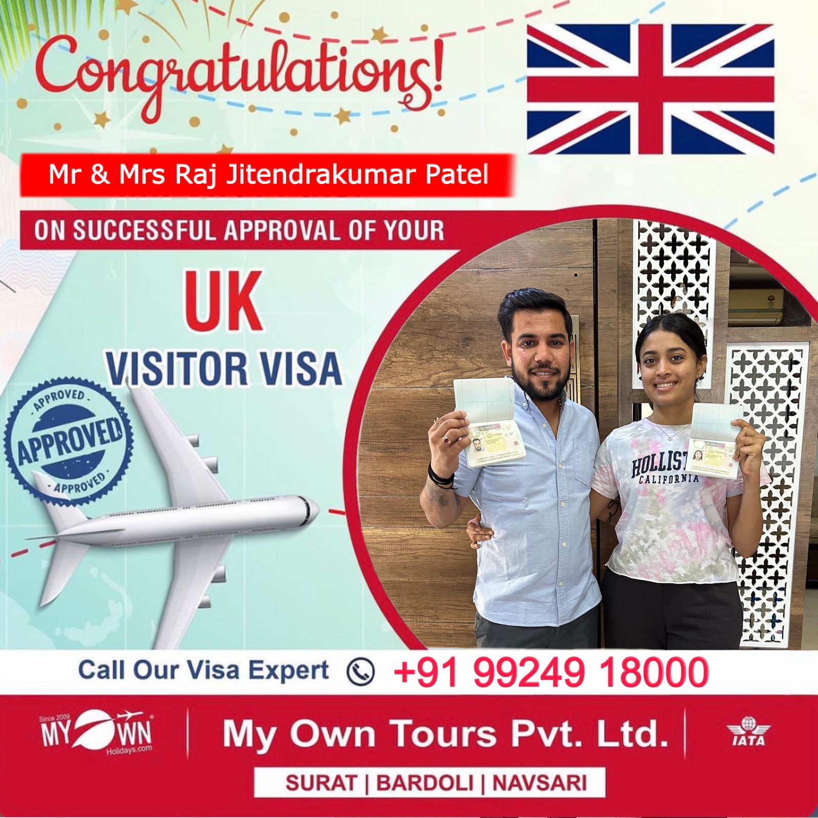 Mr. & Mrs. Raj Jitendrakumar Pate - UK Visa Consultant in Surat - My Own Holidays