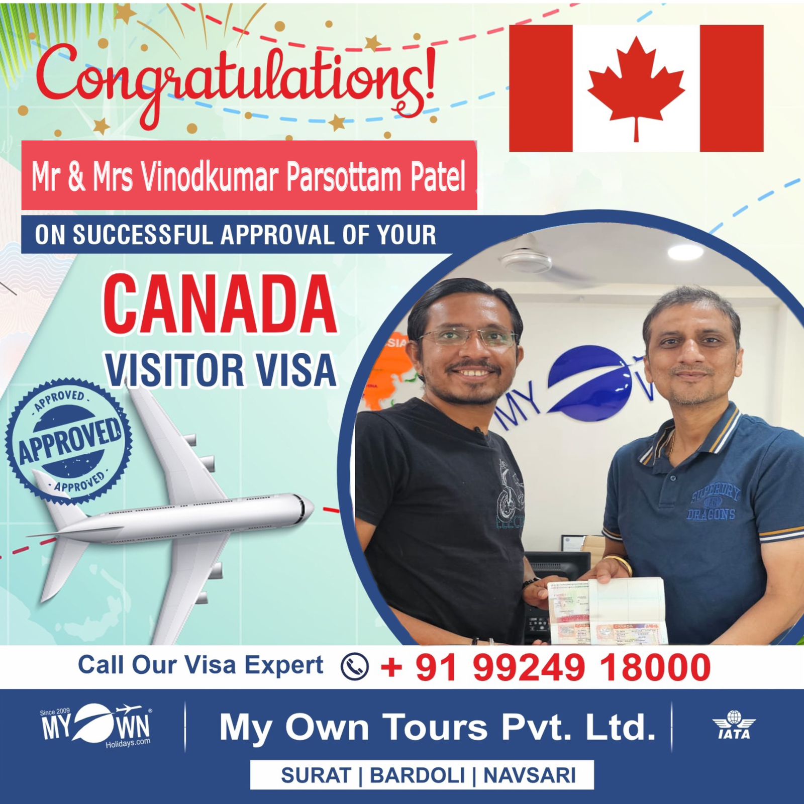 Mr. & Mrs. Vinodkumar Parsottam Patel - Canada Visitor Visa Consultant in Surat