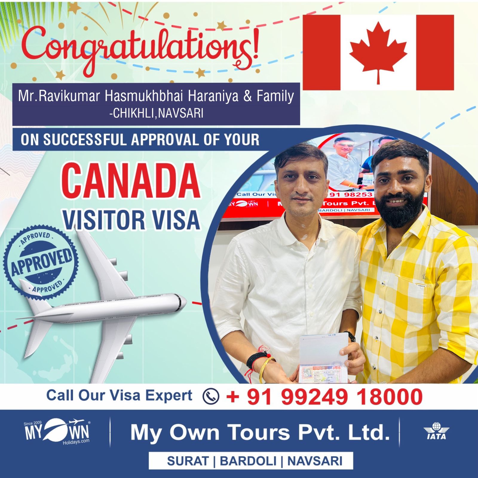 CANADA Visitor Visa - Mr.Ravikumar Hasmukhbhai Haraniya & Family - CANADA Visa Consultant in Surat