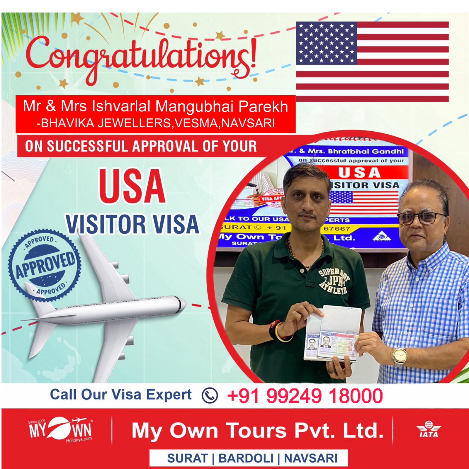 USA Visitor Visa - Mr & Mrs. Ishvarlal Mangubhai Parekh - USA Visa Consultant in Surat