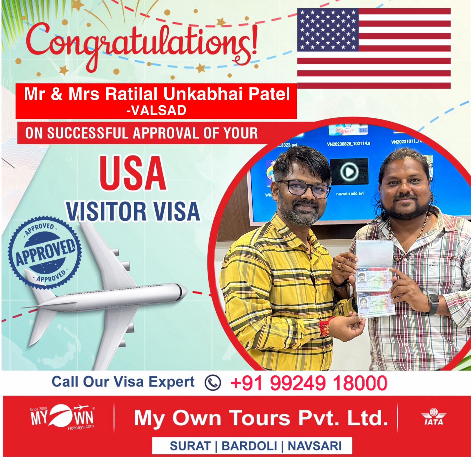 USA Visitor Visa - Mr & Mrs Ratilal Unkabhai Patel - USA Visa Consultant in Surat