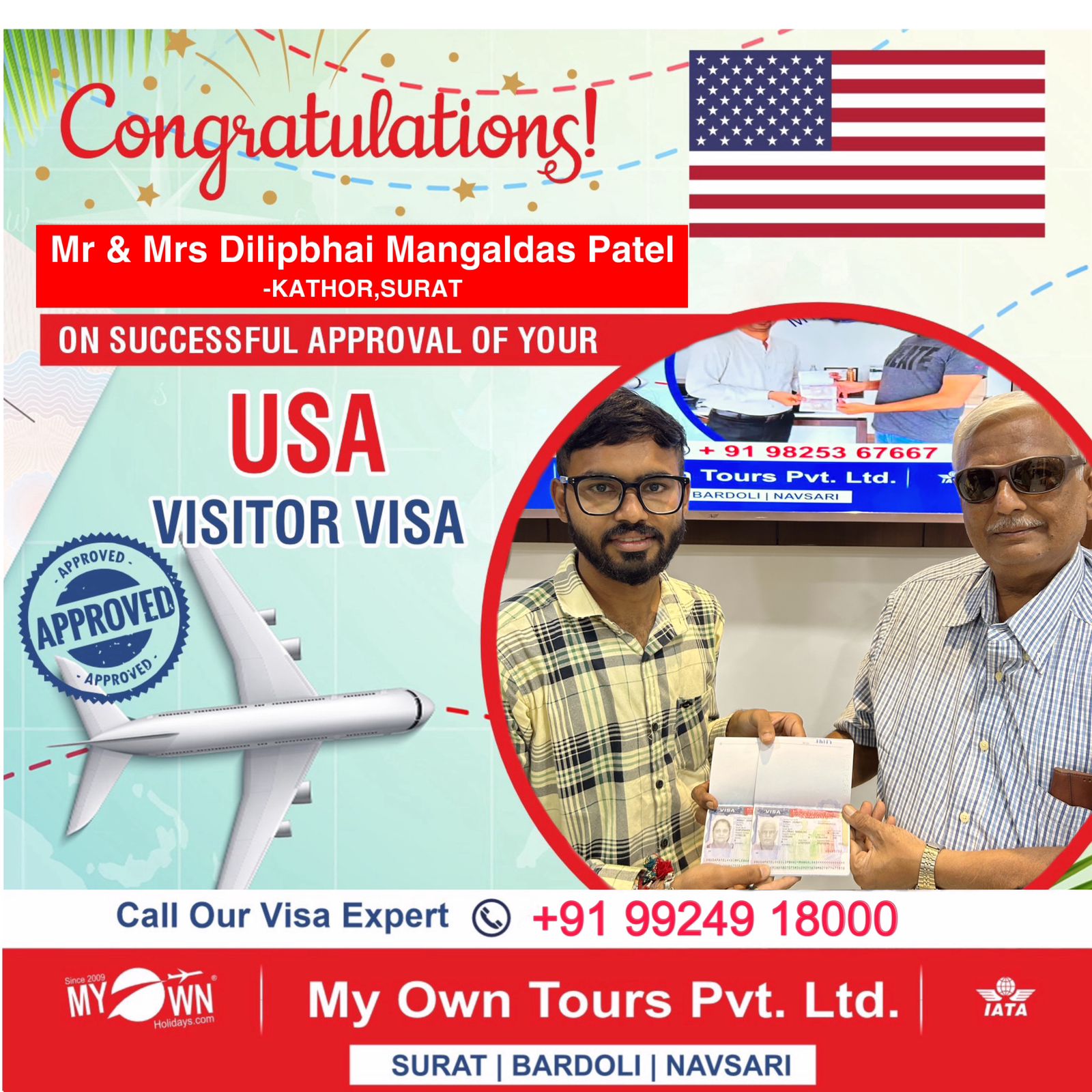 USA Visitor Visa - Mr & Mrs Dilipbhai Mangaldas Patel - USA Visa Consultant in Surat