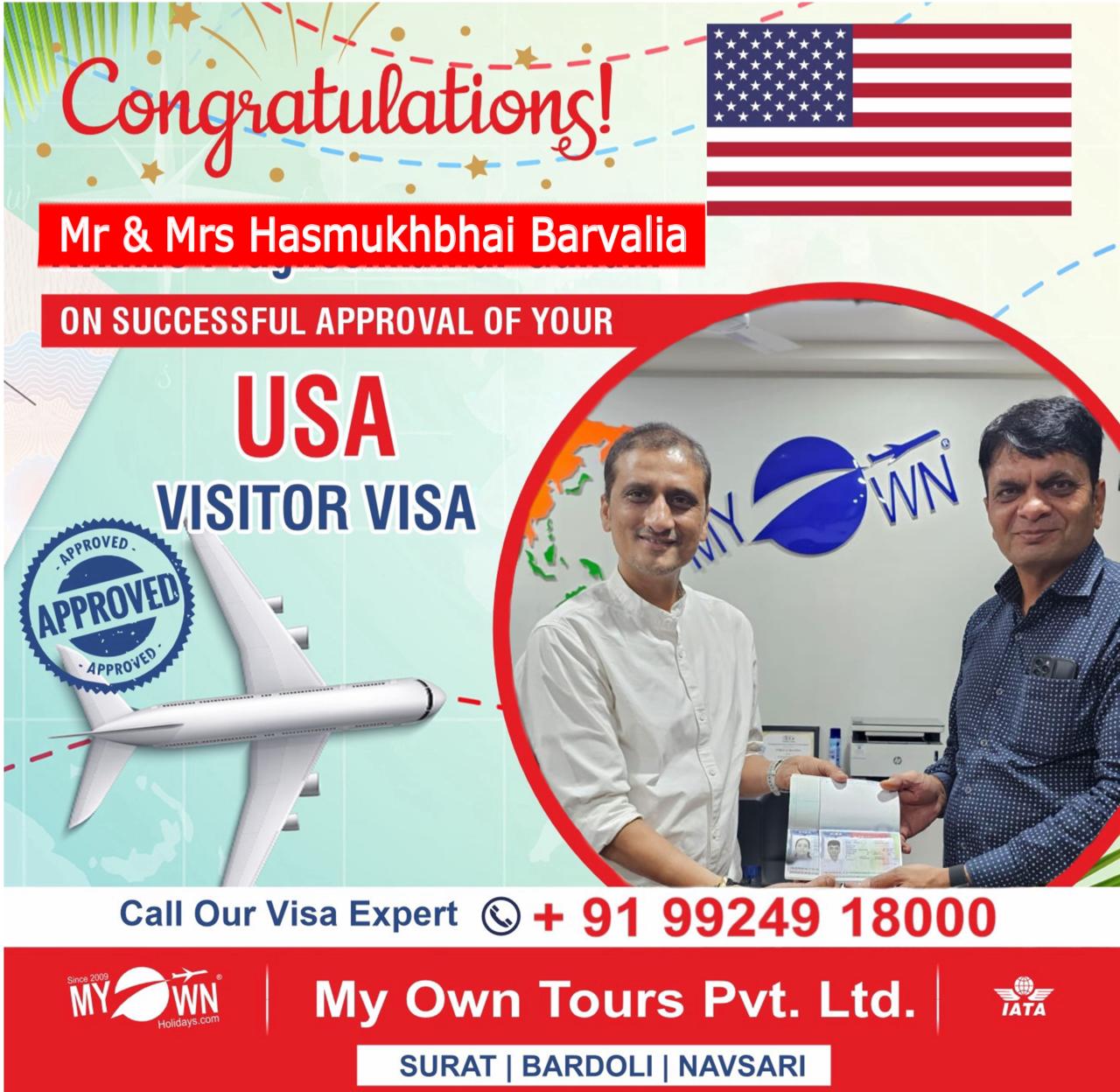 USA Visitor Visa - Mr & Mrs Hasmukhbhai Barvalia - USA Visa Consultant in Surat