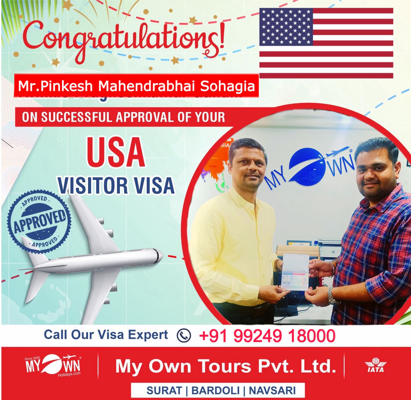 USA Visitor Visa - Mr. Pinkesh Mahendrabhai Sohagia - USA Visa Consultant in Surat