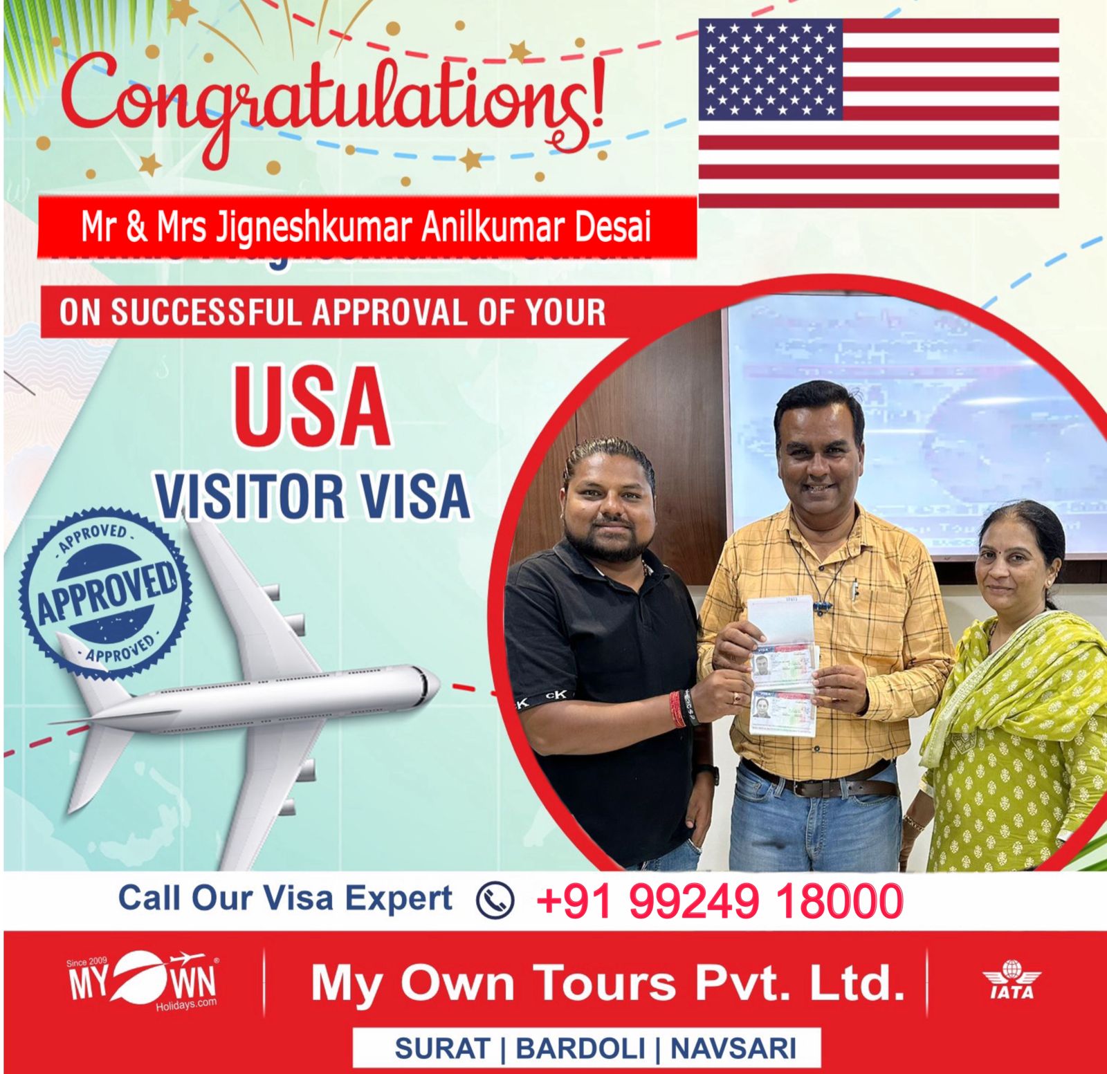 USA Visitor Visa - Mr & Mrs Jigneshkumar Anilkumar Desai - USA Visa Consultant in Surat