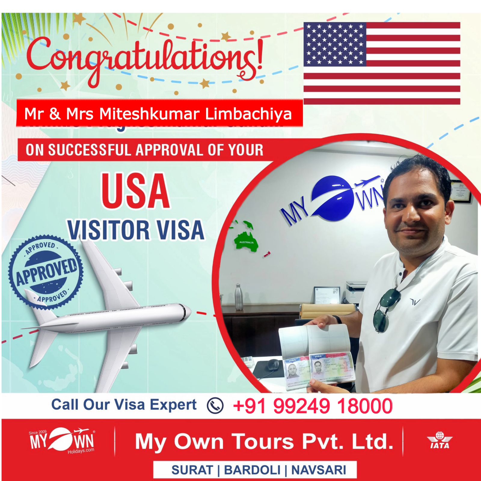 USA Visitor Visa - Mr & Mrs Miteshkumar Limbachiya - USA Visa Consultant in Surat