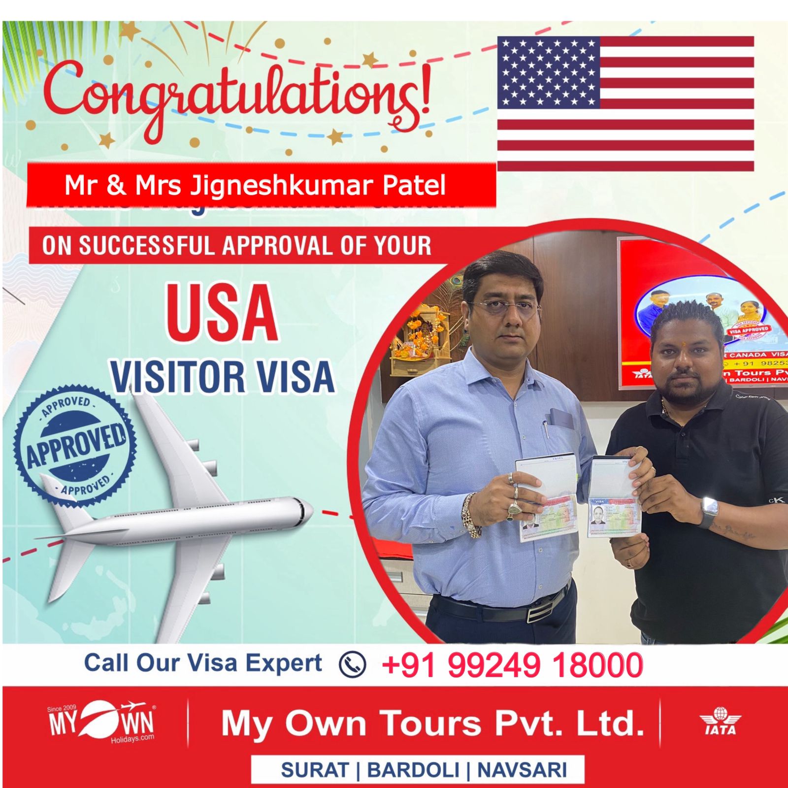 USA Visitor Visa - Mr & Mrs Jigneshkumar Patel - USA Visa Consultant in Surat