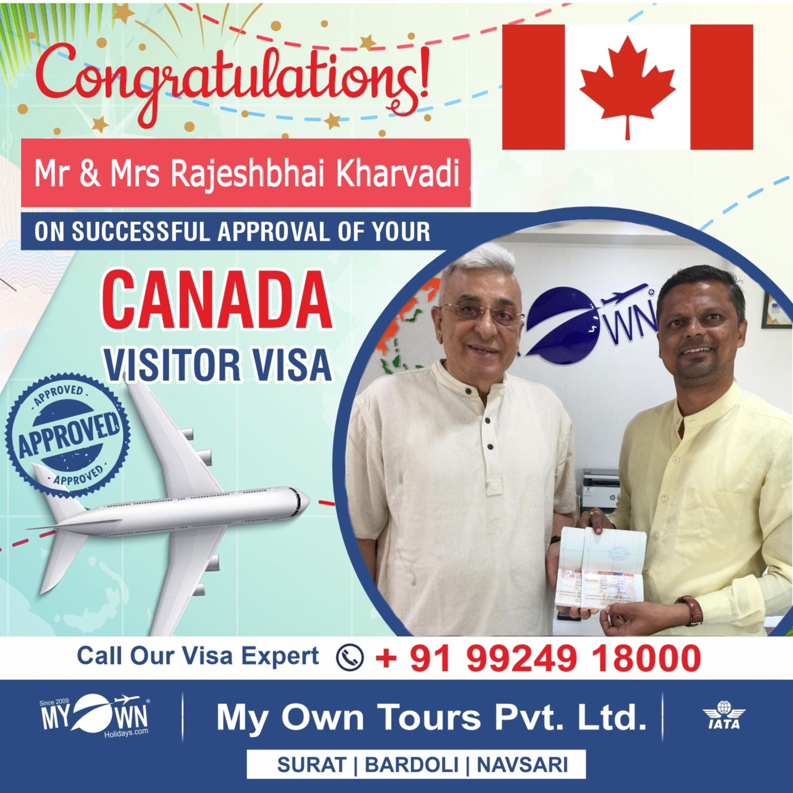 CANADA Visitor Visa - Mr & Mrs Rajeshbhai Kharvadi - CANADA Visa Consultant in Surat