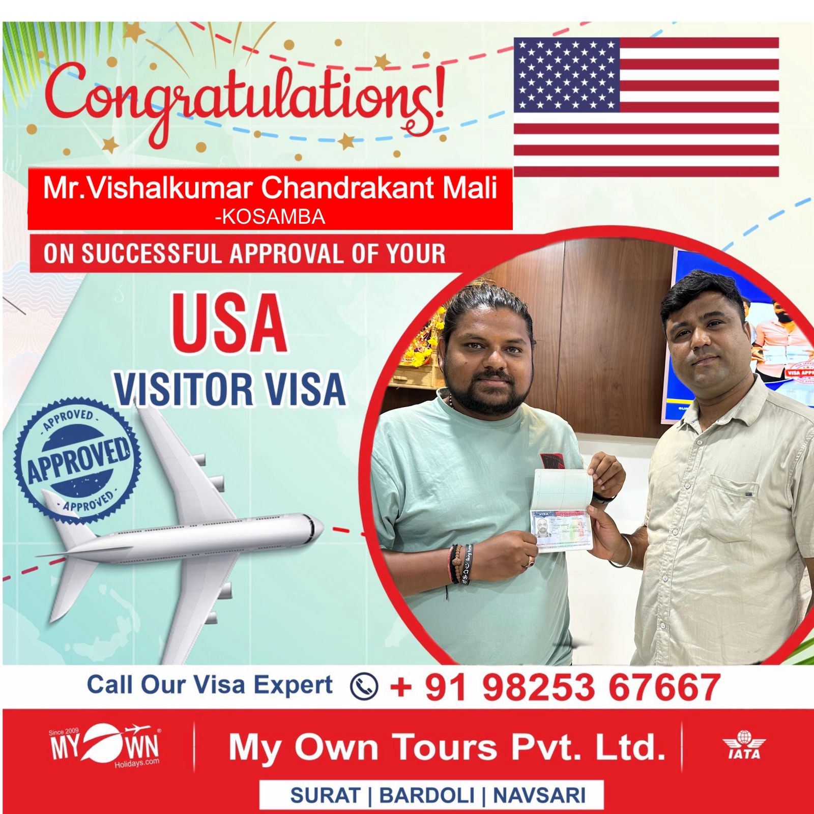 USA Visitor Visa - Mr.Vishalkumar Chandrakant Mali - USA Visa Consultant in Surat