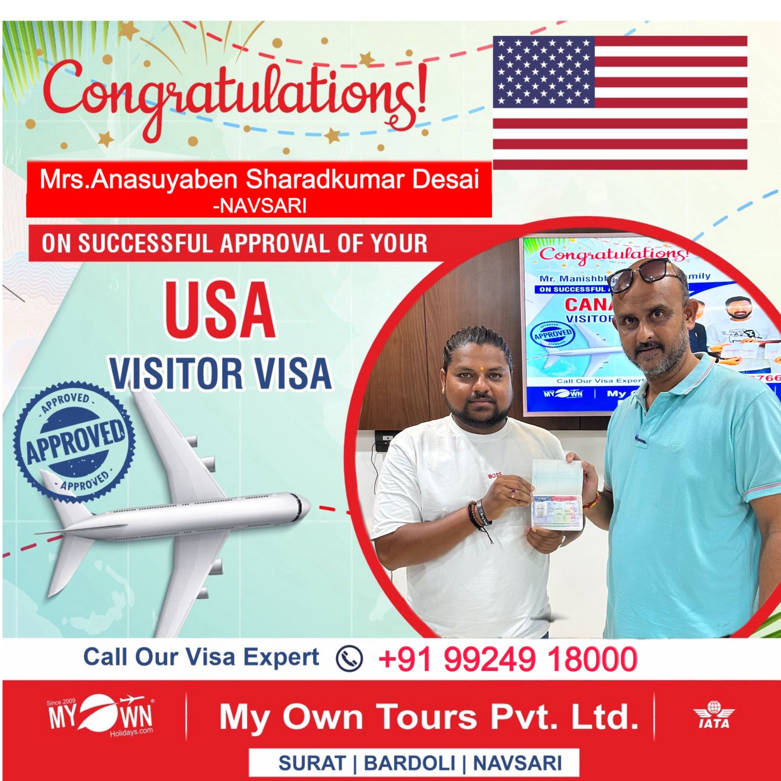 USA Visitor Visa - Mrs.Anasuyaben Sharadkumar Desai - CANADA USA Consultant in Surat