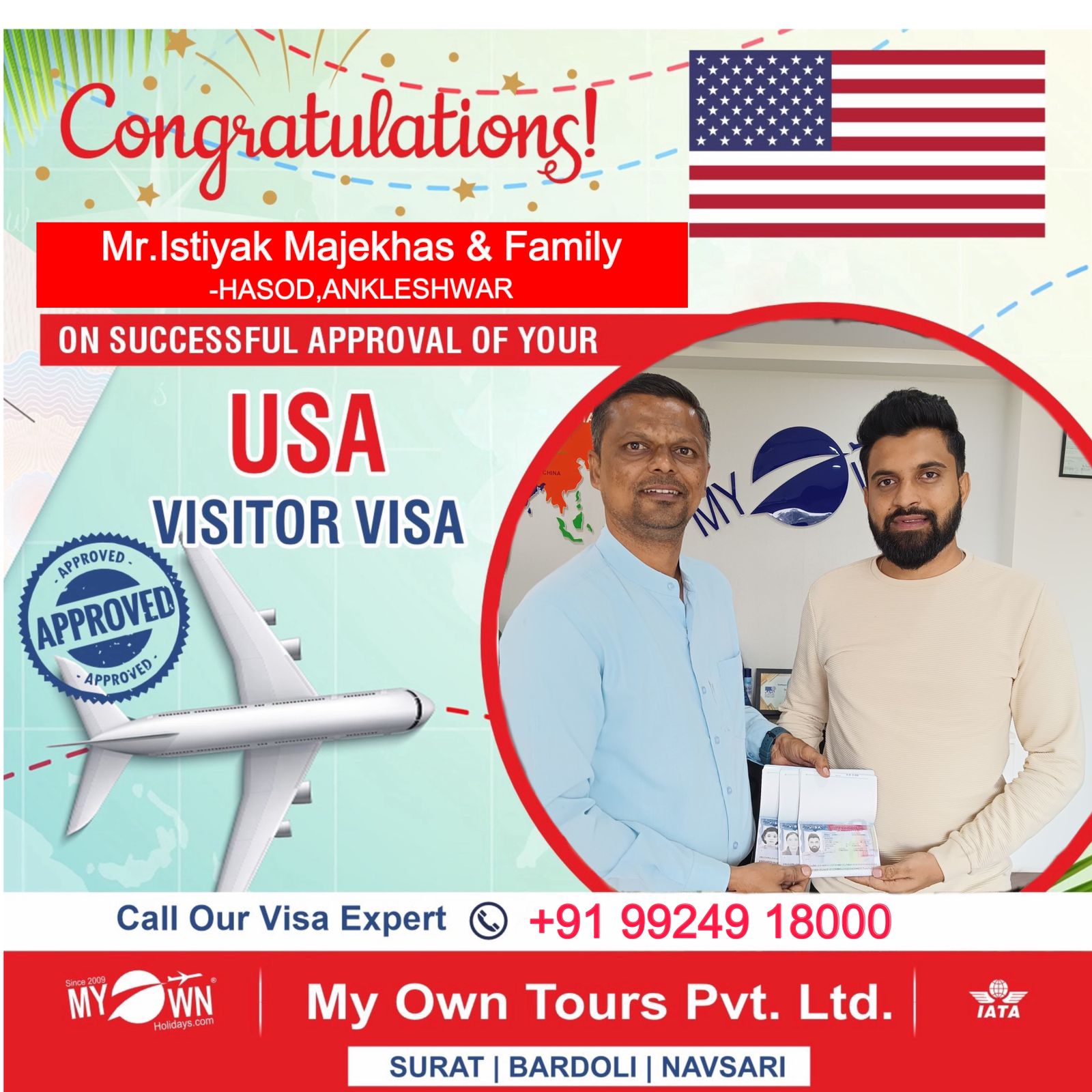 USA Visitor Visa - Mr. Istiyak Majekhas & Family - USA Consultant in Surat