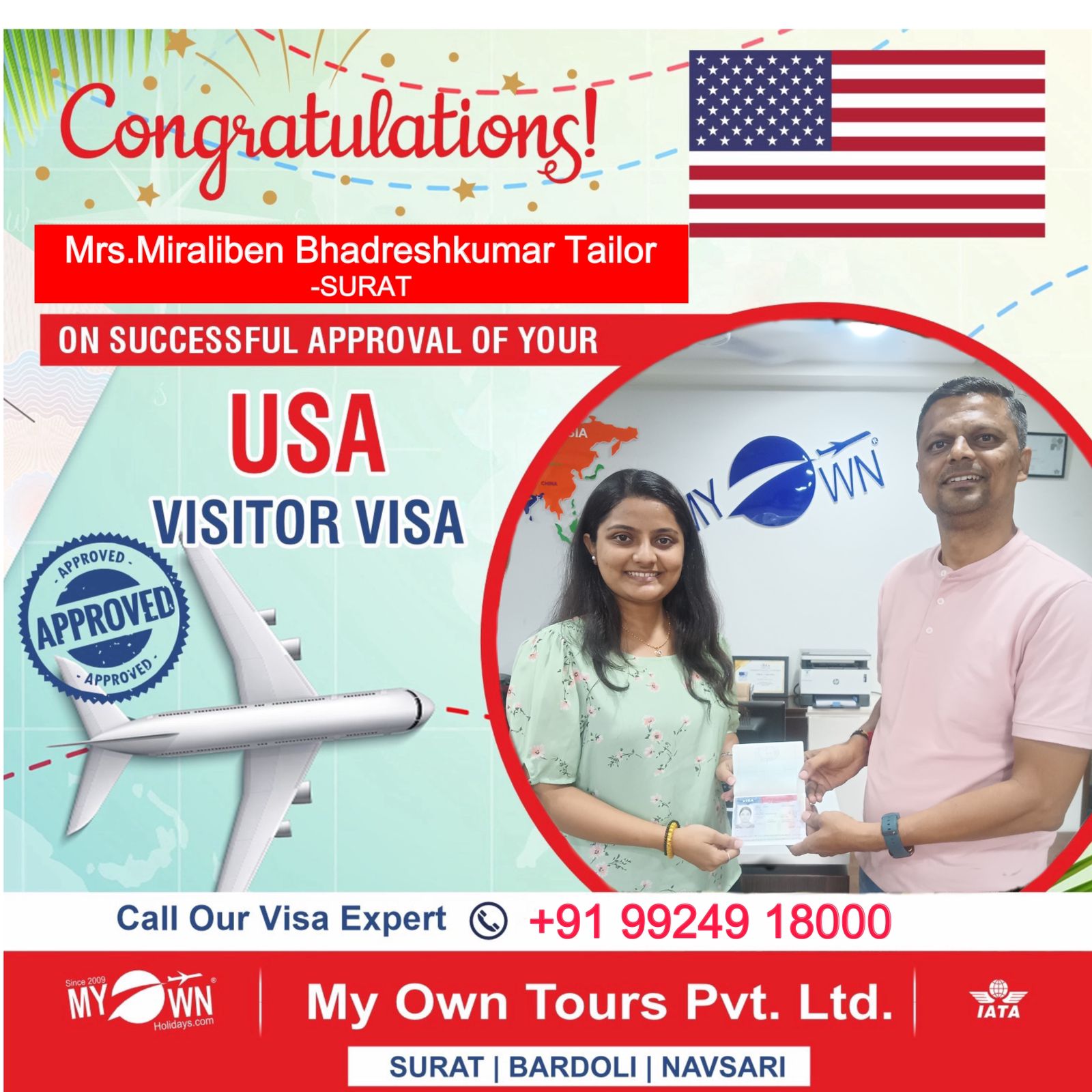 USA Visitor Visa - Mrs. Miraliben Bhadreshkumar Tailor - USA Consultant in Surat