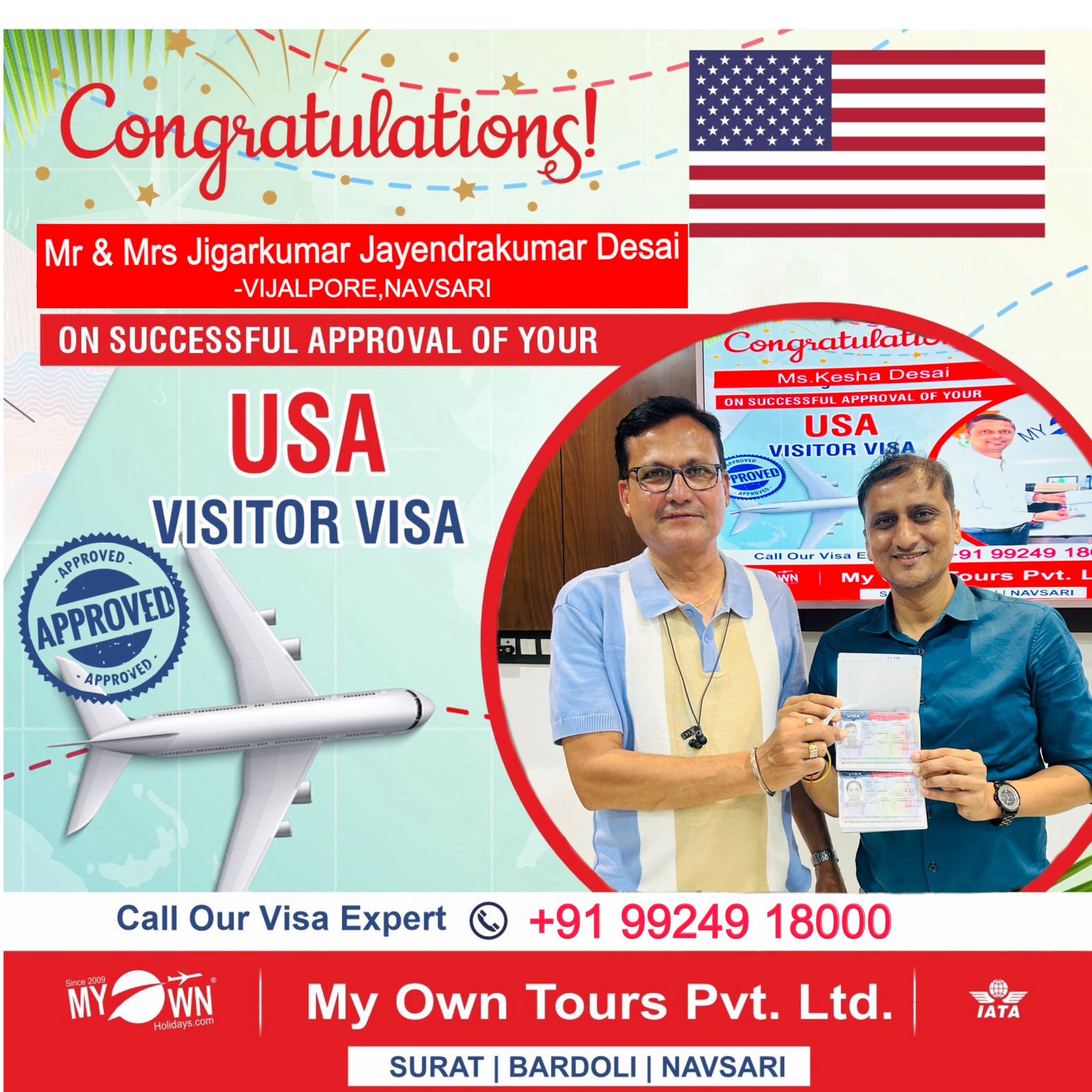 USA Visitor Visa - Mr & Mrs Jigarkumar Jayendrakumar Desai - USA Consultant in Surat