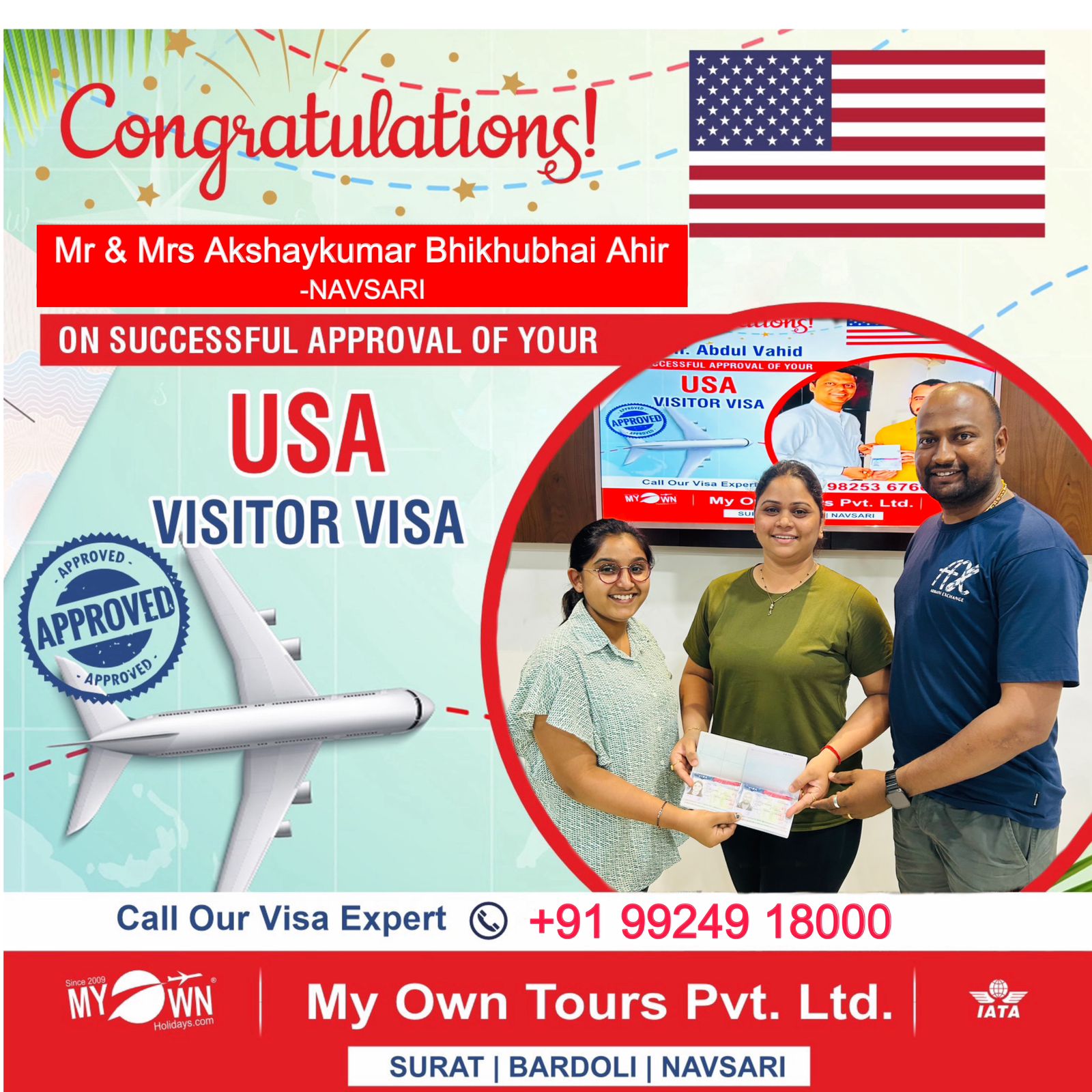 USA Visitor Visa - Mr & Mrs Akshaykumar Bhikhubhai Ahir - USA Consultant in Surat