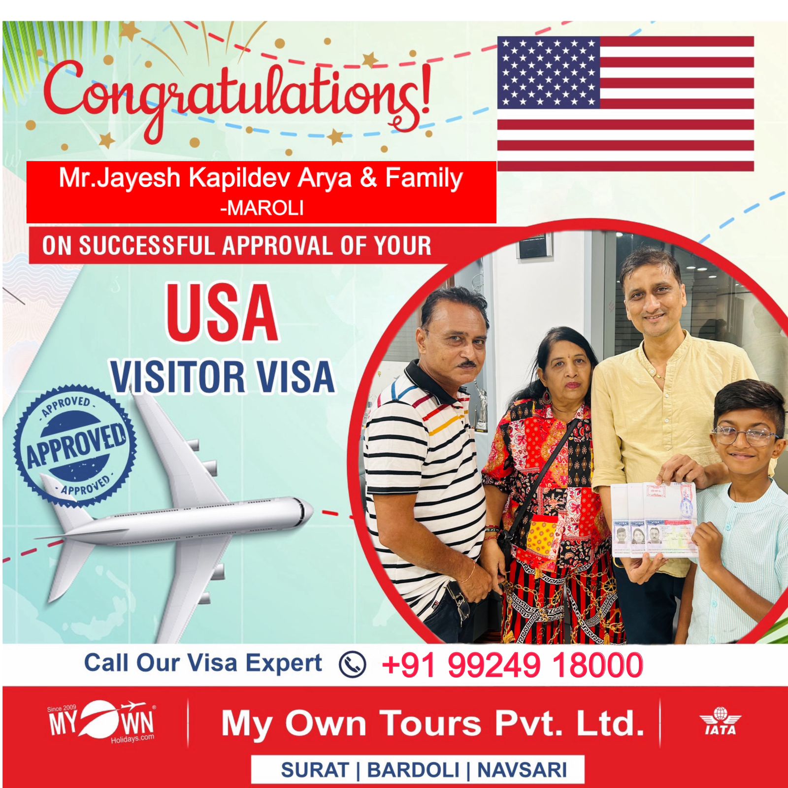 USA Visitor Visa - Mr. Jayesh Kapildev Arya & Family - USA Consultant in Surat