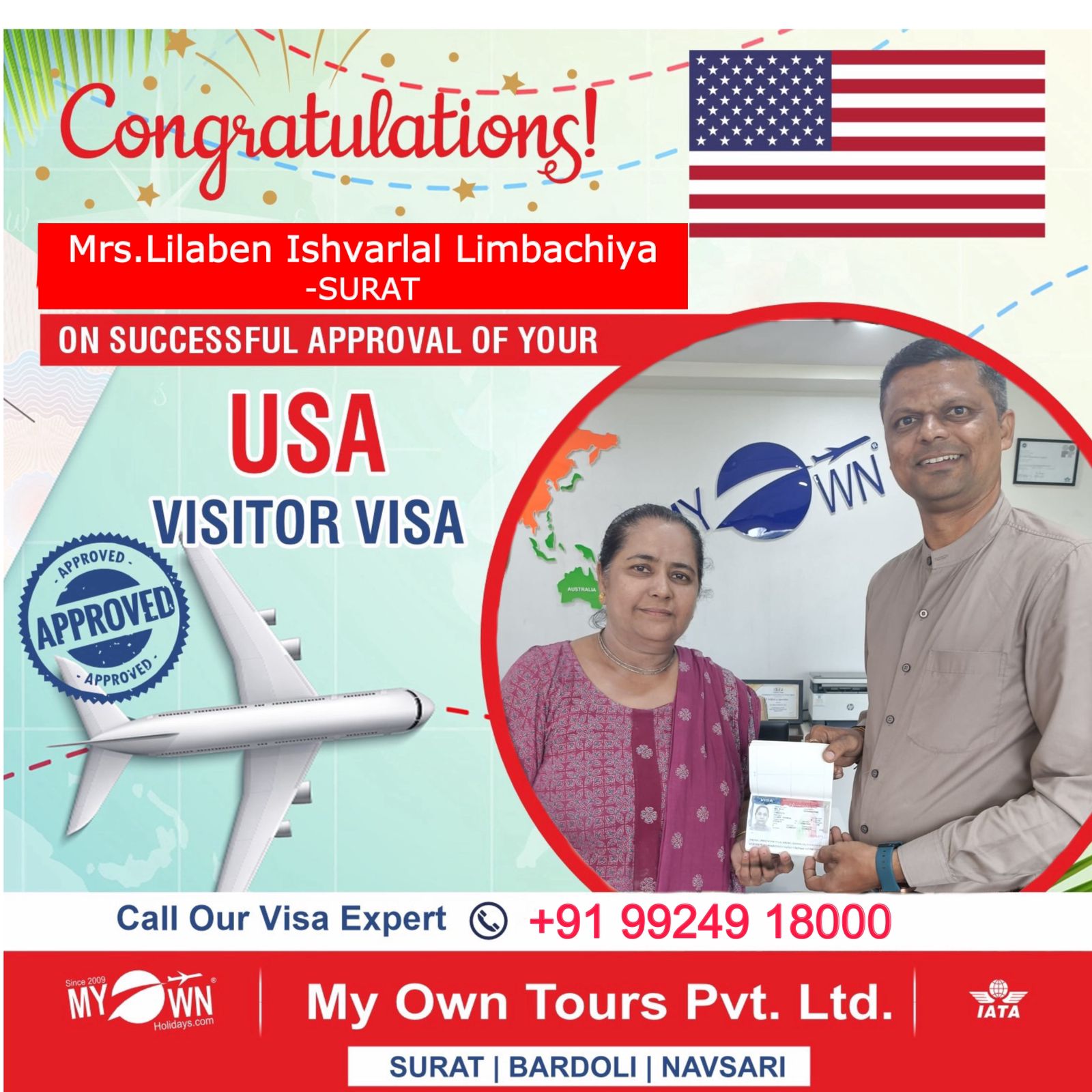 USA Visitor Visa - Mrs. Lilaben Ishvarlal Limbachiya - USA Consultant in Surat