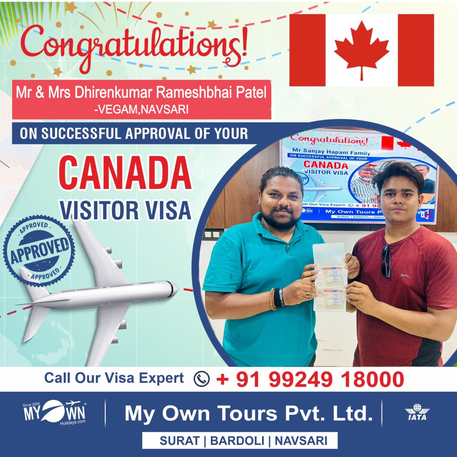 CANADA Visitor Visa - Mr & Mrs Dhirenkumar Rameshbhai Patel - CANADA Consultant in Surat