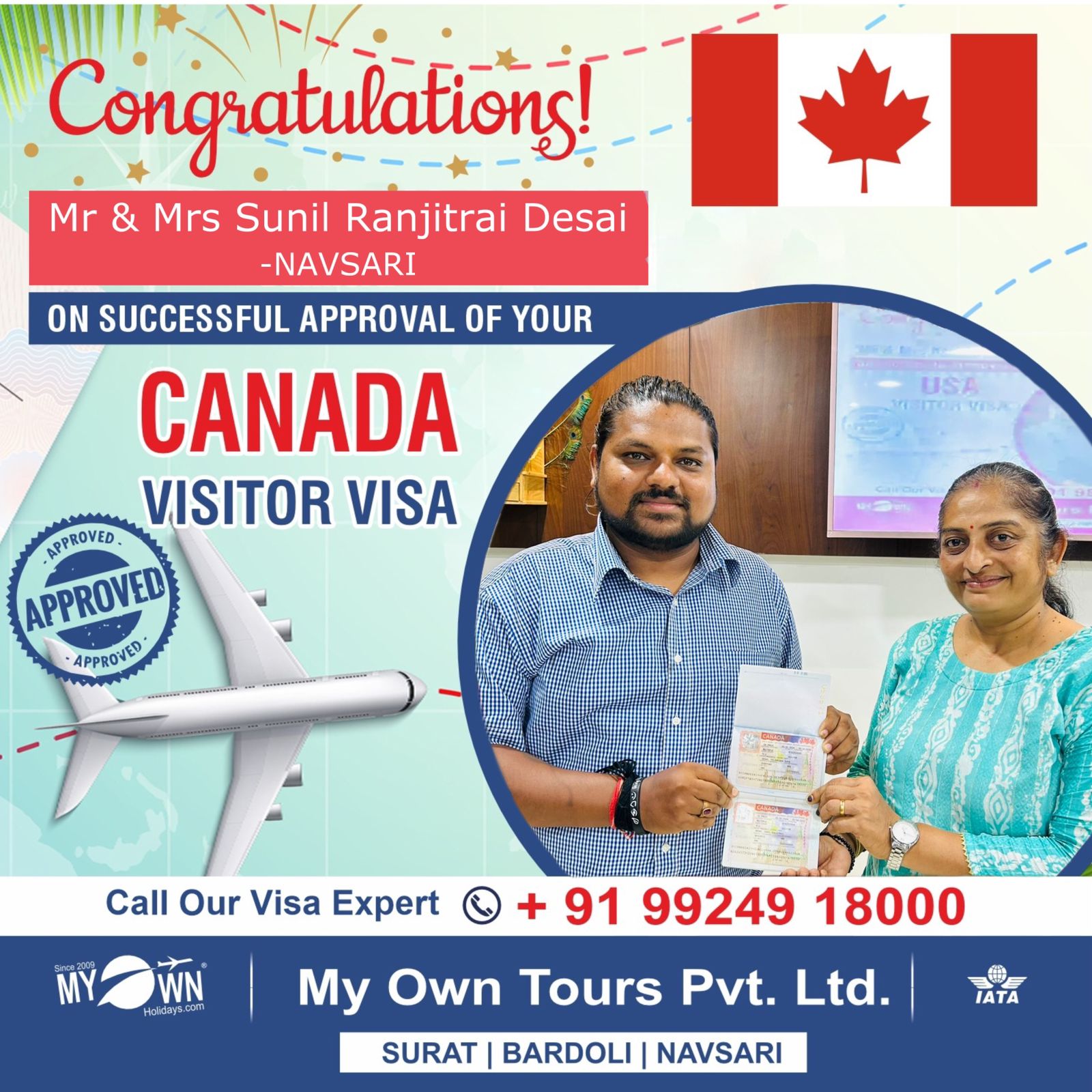 CANADA Visitor Visa - Mr & Mrs Sunil Ranjitrai Desai - CANADA Consultant in Surat