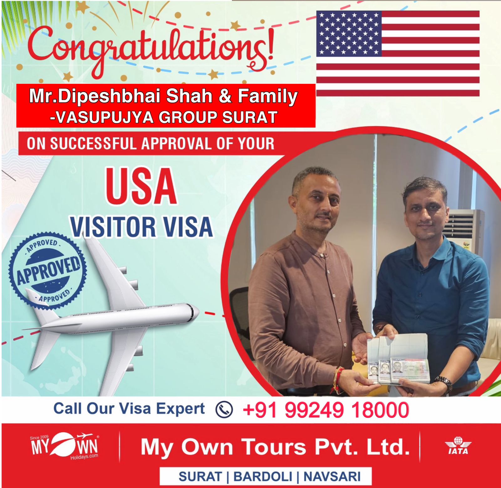 USA Visitor Visa - Mr. Dipeshbhai Shah & Family - USA Consultant in Surat