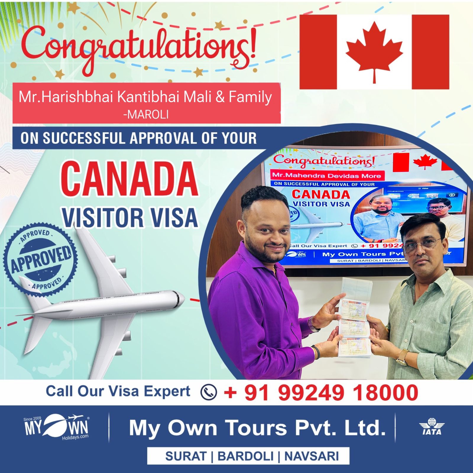 CANADA Visitor Visa - Mr. Harishbhai Kantibhai Mali & Family - CANADA Consultant in Surat