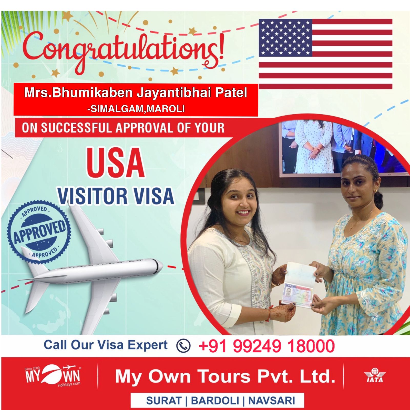 USA Visitor Visa - Mrs. Bhumikaben Jayantibhai Patel - USA Consultant in Surat