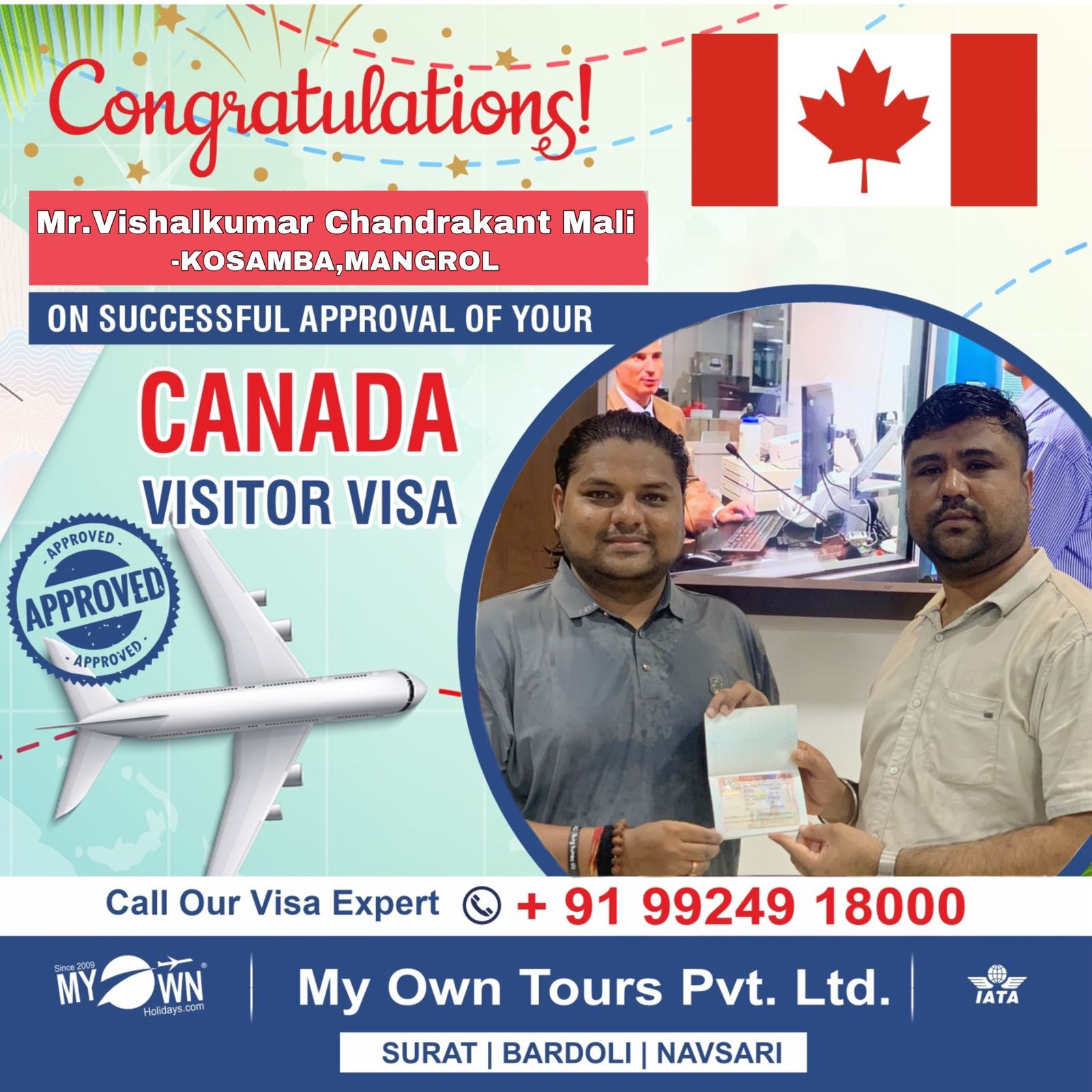 CANADA Visitor Visa - Mr.Vishalkumar Chandrakant Mali - CANADA Consultant in Surat