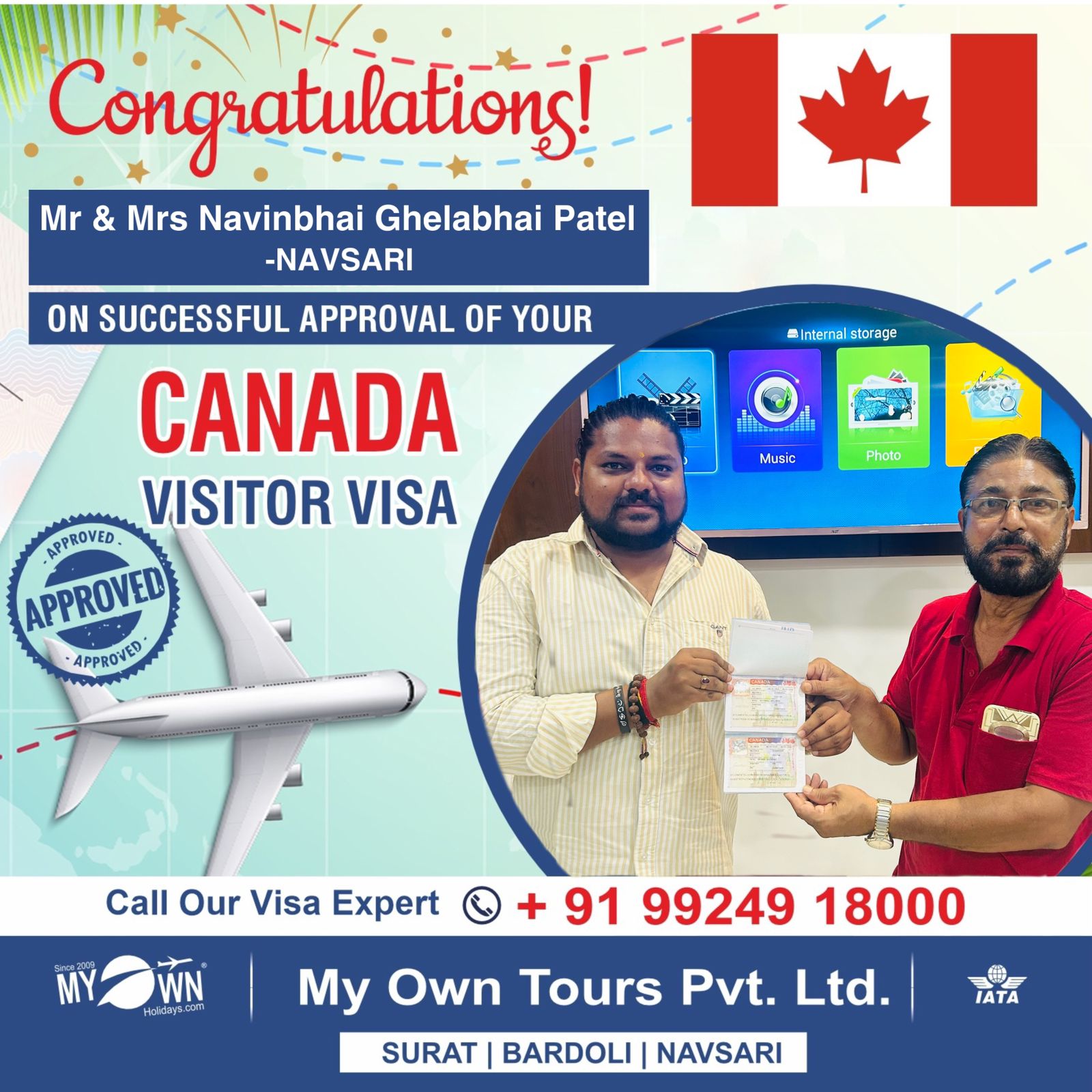 CANADA Visitor Visa - Mr & Mrs Navinbhai Ghelabhai Patel - CANADA Consultant in Surat