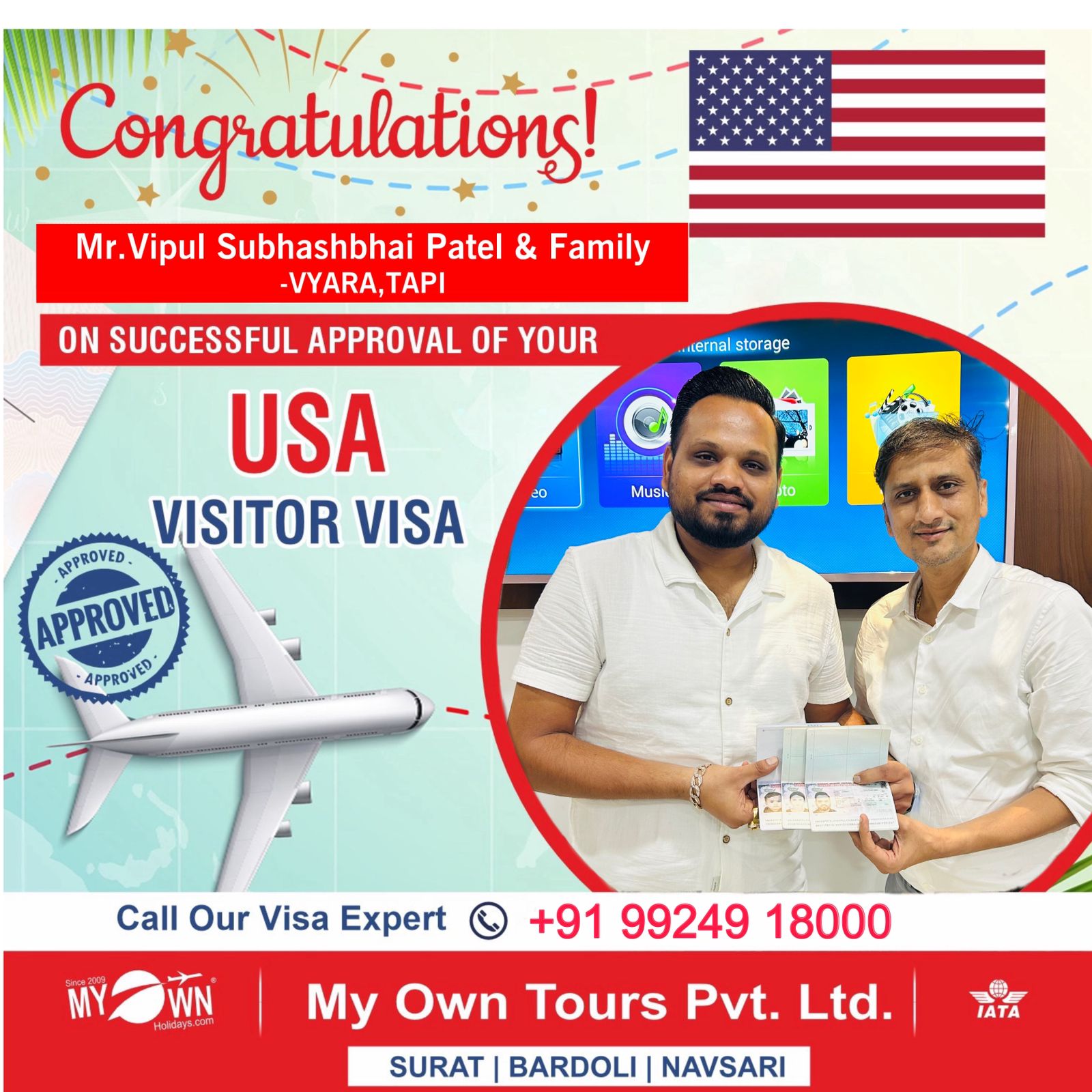 USA Visitor Visa - Mr. Vipul Subhashbhai Patel & Family - USA Consultant in Surat