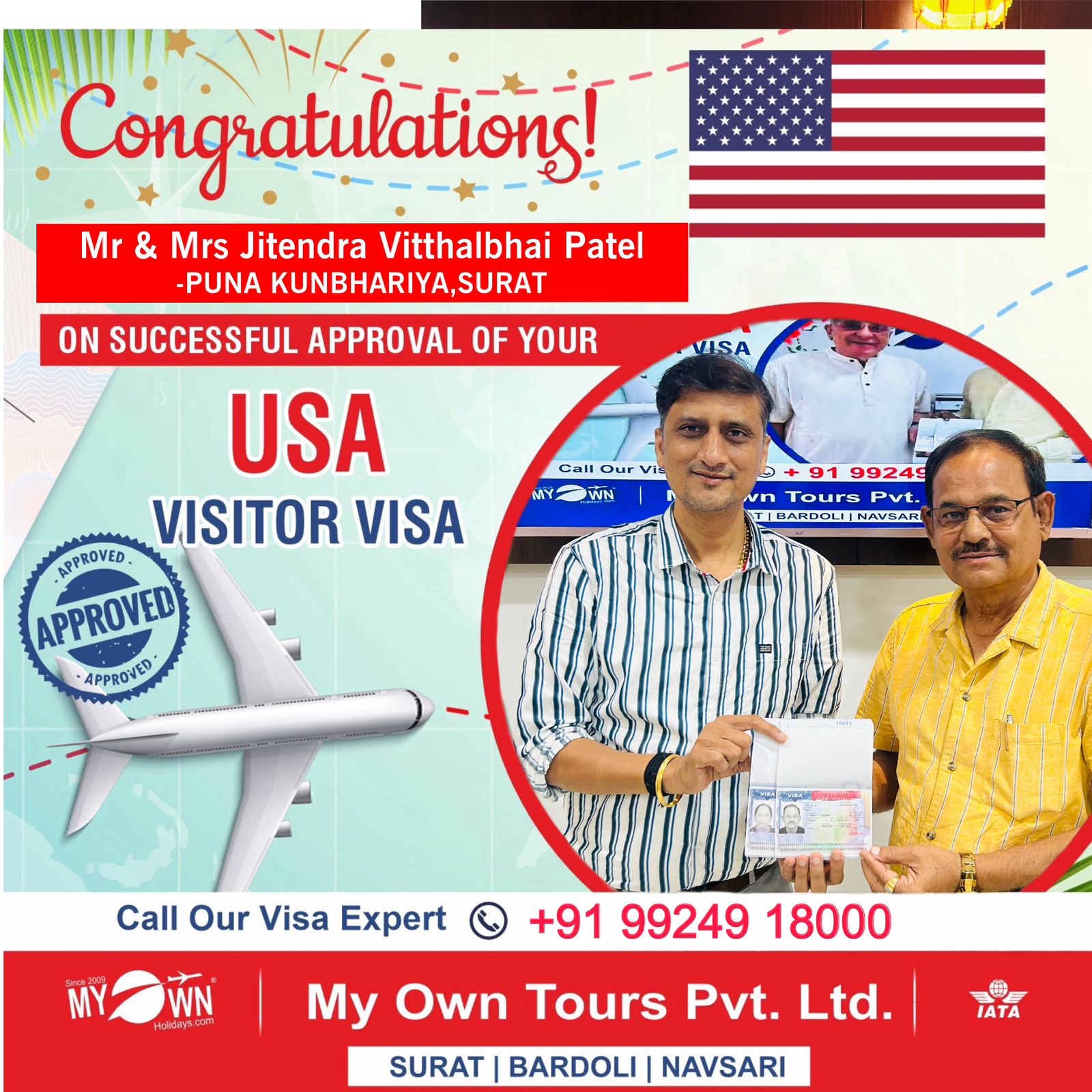 USA Visitor Visa - Mr & Mrs Jitendra Vitthalbhai Patel - USA Consultant in Surat