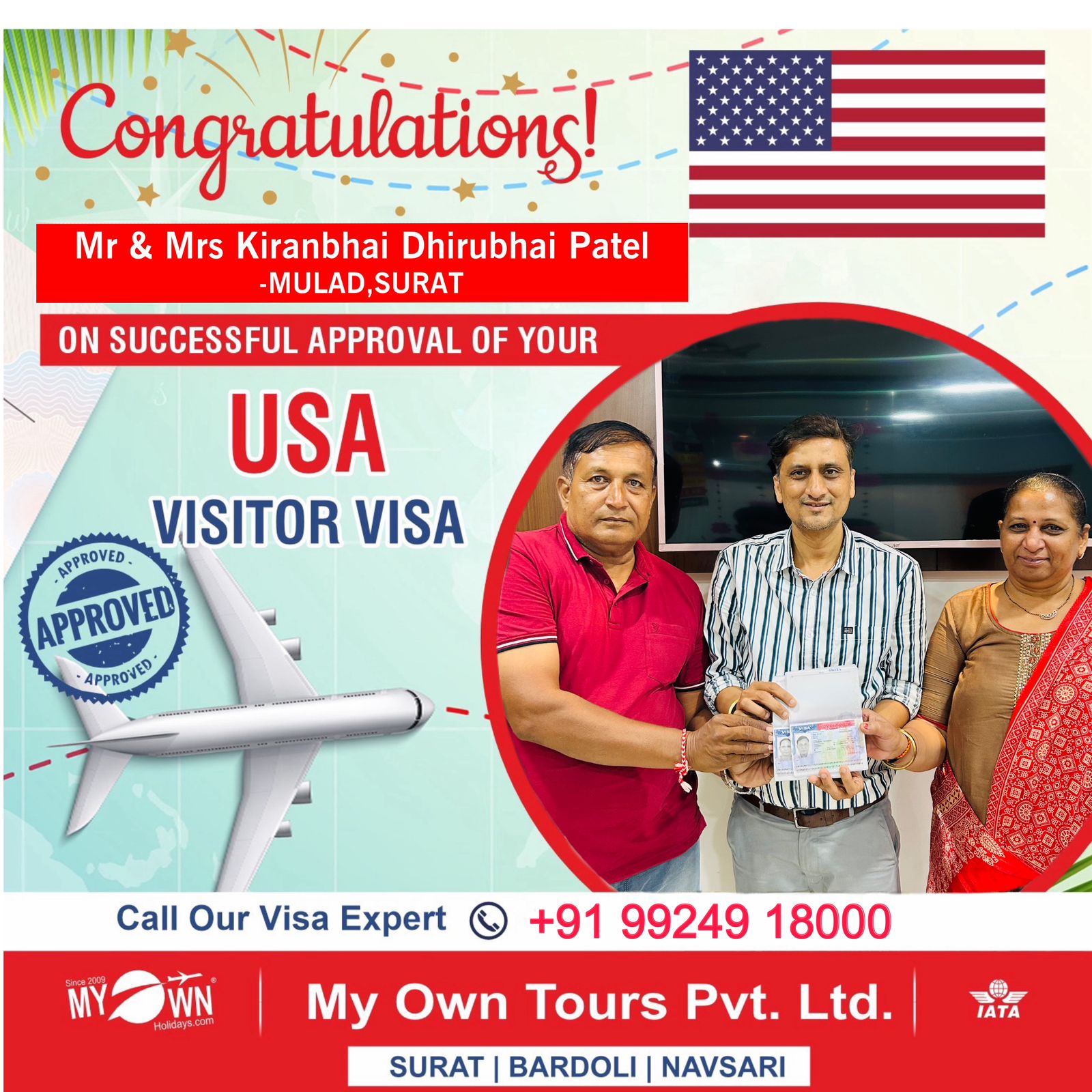 USA Visitor Visa - Mr & Mrs Kiranbhai Dhirubhai Patel - USA Consultant in Surat