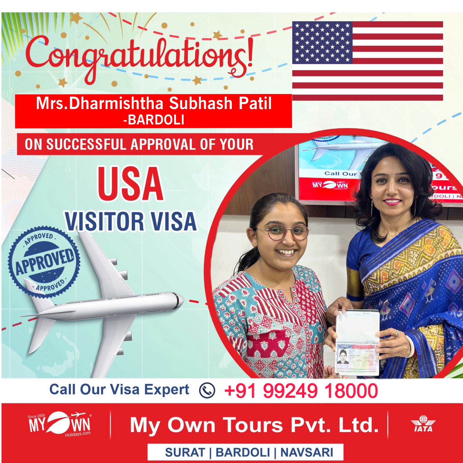 USA Visitor Visa - Mrs. Dharmishtha Subhash Patil - USA Consultant in Surat