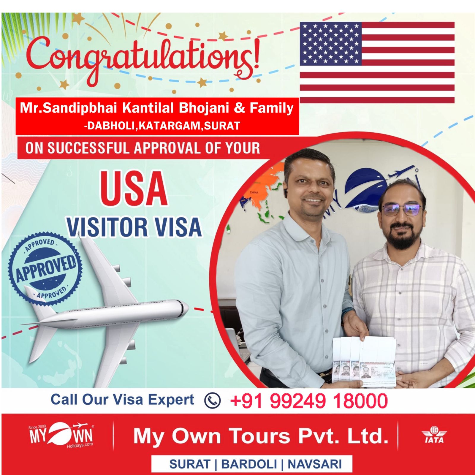 USA Visitor Visa - Mr. Sandipbhai Kantilal Bhojani & Family - USA Consultant in Surat